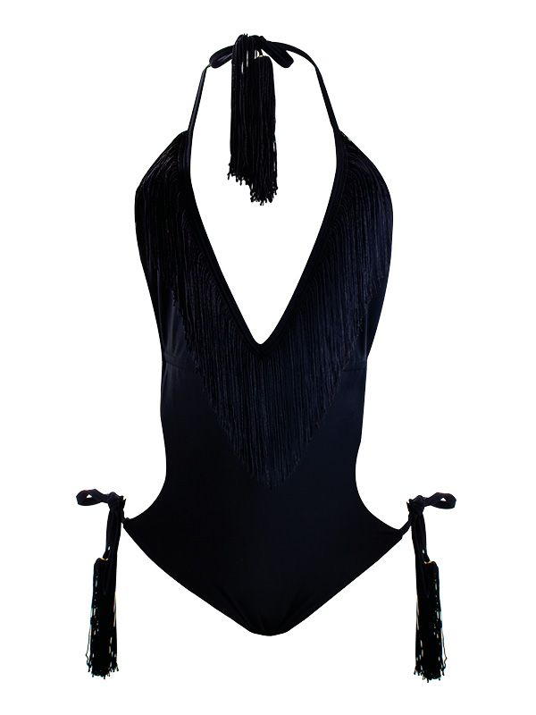 T302 B Trikini Fringes Black